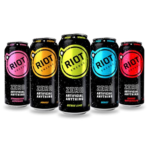 RIOT Clean Energy Drink Variety Pack, Zero Artificial Anything, No Sucralose, Made with Real Fruit, No Sugar Added, Natural Healthy Energy Stamina & Focus, 16 Fl Oz (Pack of 12)