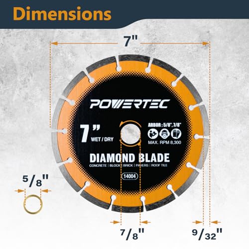Image of POWERTEC 7 inch Segmented Diamond Saw Blades for Wet Tile Saw, Diamond Blade for Cutting Concrete, Block, Brick, Pavers, Roofing Tile, 7 inch Diamond Blades for Wet /Dry Cutting, 1 Pack (14004)