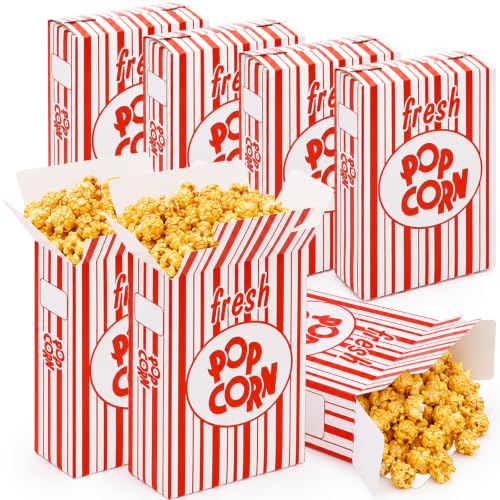 Image of Fasmov 100 Pack Large Paper Popcorn Boxes, 6 inch L x 2 1 /2 inchW x 8 1 /2 inchH Close Top Movie Theater Popcorn Boxes, Popcorn Containers for Movie Party and Theater Night (Red and White Stripes)