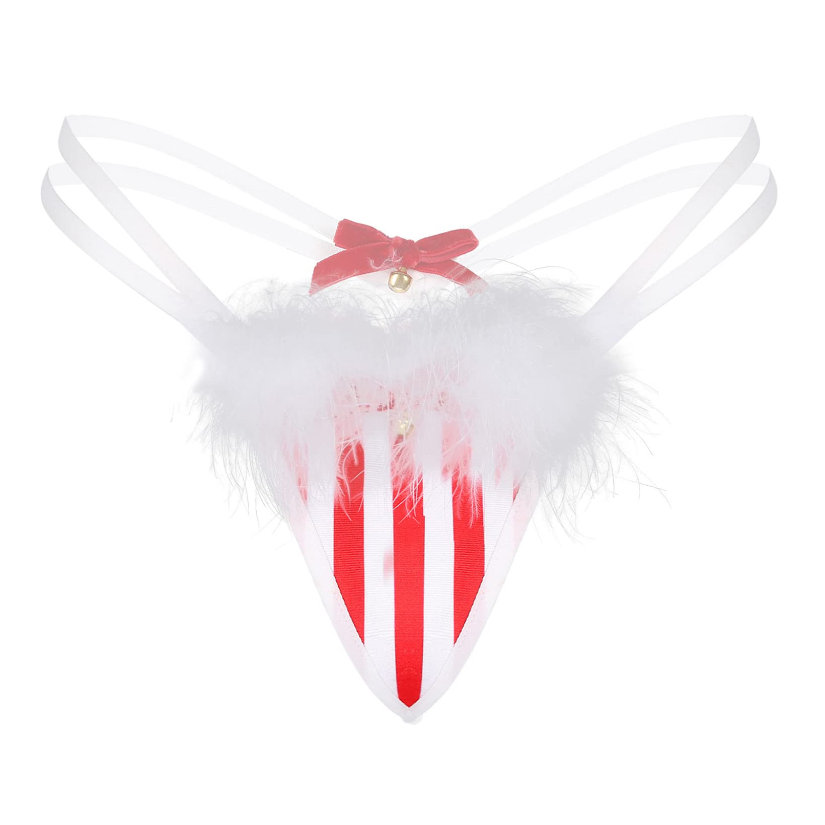 QinCiao Women Christmas Striped Lingerie Santa Briefs Feather Trimming Bowknot Bell T-Back Thongs
