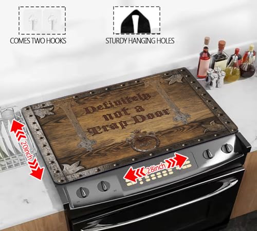 Image of Decorative Wooden Stove Top Cover for Electric Stove 28 inch x 20 inch Funny Trap Door Glass Flat Top Stove Mat Oven Induction Cooktop Mat for Ceramic Countertop Mats Heat-Resistant Dish Drying Mat