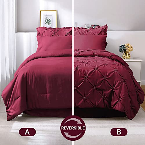 JOLLYVOGUE Dark Red Cal King Size Comforter Sets 7 Pieces, Pintuck Bed in a Bag Comforter Set for Bedroom, Bedding Comforter Sets with Comforter, Sheets,Ruffled Shams & Pillowcases