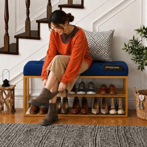 Image of Entryway Shoe Rack with Cushioned Seat, Shoe Bench for Entry, 2 Shelves Storage Bed Bench