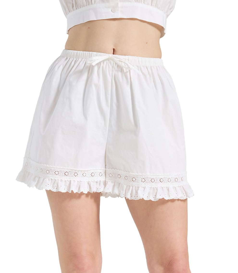 BEAUTELICATE Culottes Victorianos para Mujer 100% Algodón Pantalones Cortos de Dormir con Encaje Cintura Elástica con Cordón Ajustable para Verano