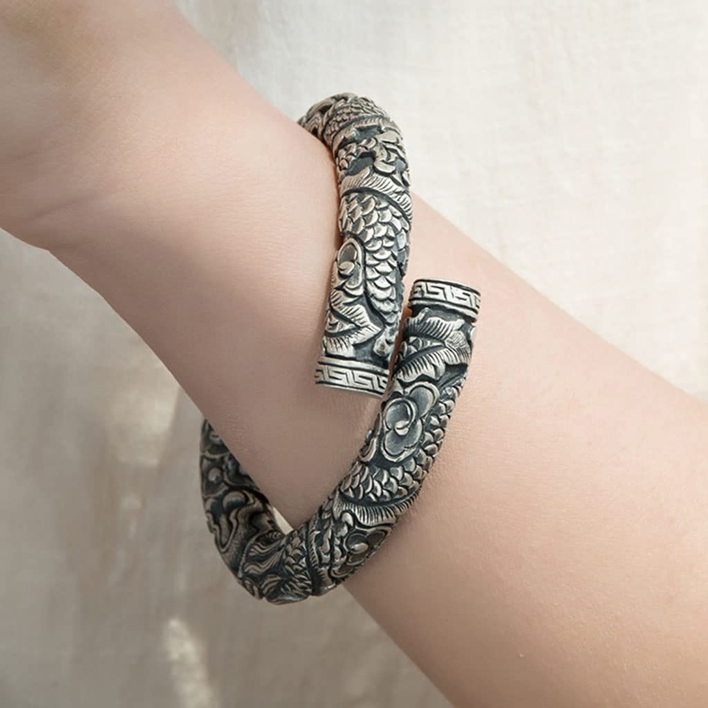 Viking Herren 999 Sterling Silber Armband, Handgemacht Nordisch Weinlese Drachen Totem Tattoo Drucken Manschette mit Offenem Armreif, Punk Gotisch Schmuck Geschenke