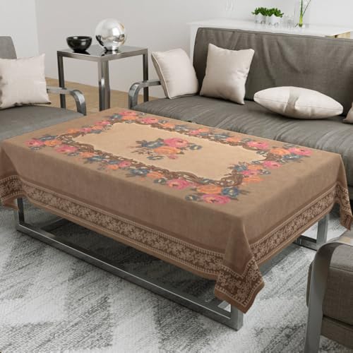 Image of Cloth Fusion Rectangular Velvet Floral Centre Table Cover Cloth, Table Cloth With Elegant Floral Pattern For Living Room (40x60 Inch, Fawn)