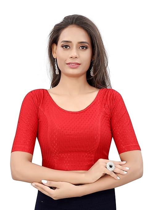 Image of Round Neck Dobby Cotton Lycra Stretchable Elbow Sleeve Readymade Saree Blouse for Women Stylish