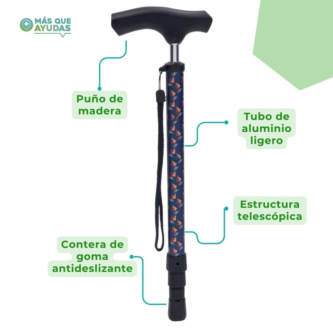 Bastón Telescópico Extensible Easy, Plegado Rápido sin Esfuerzo, Altura Ajustable 74-91 cm, Puño de Madera, Bastón para Caminar y Pasear, 320 g