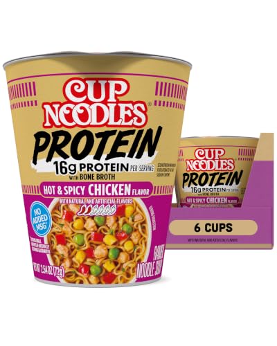 Nissin Cup Noodles Protein Ramen, Chicken Flavor Spicy Ramen with Bone Broth, 16g Protein, 2.54 Ounce Cup (Pack of 6)