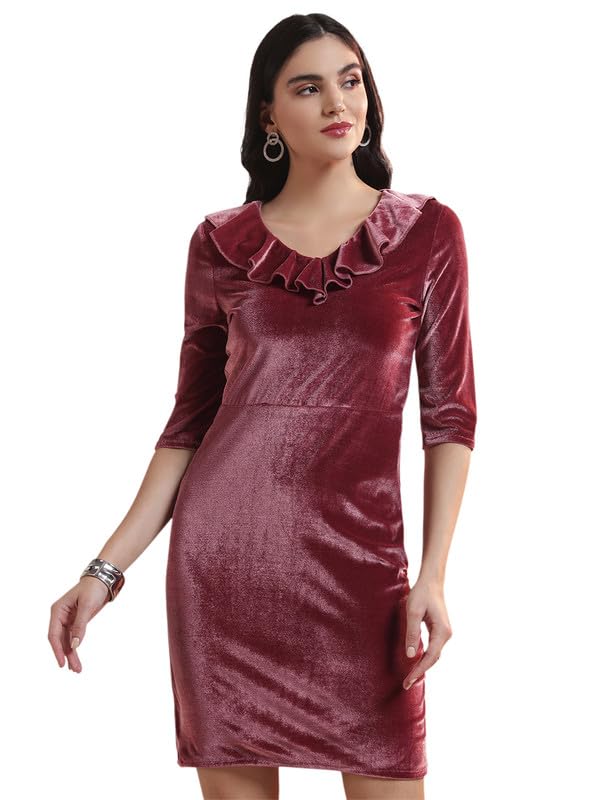 Image of Vaararo V-Neck Party Dress for Women Bodycon | Shiny Velvet Half Sleeves Above Knee Length Outfit