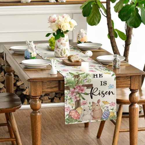 Image of Aazeem Easter Table Runner for Dining Table 6 Seater | Velvet Farmhouse Table Cover Runner | Spring Holiday Home Decor