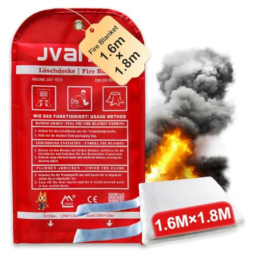 JVANTE Feuerlöschdecke Löschdecke für küche1,6x1,8m DIN EN 1869:2019 – Hochwertige Sicherheits-Fiberglas-Decke für Fettbrände, Auto, Küche, Schule, Kamin, Grill, Büro, Garage & Werkstatt