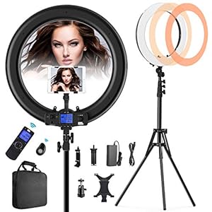 Ring Light with Wireless Remote and iPad Holder, 19 Inch Bi-Color LCD Display Ring Light with Stand and Selfie Remote, 55W 3000-5800K CRI≥97 Light Ring for Live Stream Self-Portrait Video Shooting