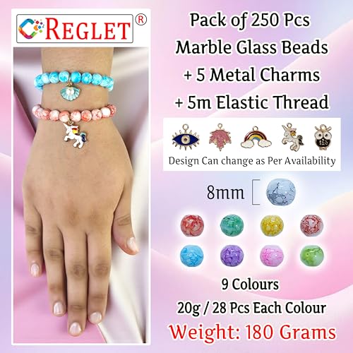 Image of 5 Pcs Charms + 250 Pcs Marble Glass Beads for Jewellery Making Kit - Glass Beads for Bracelet Making Kit - Bead Craft - 8mm