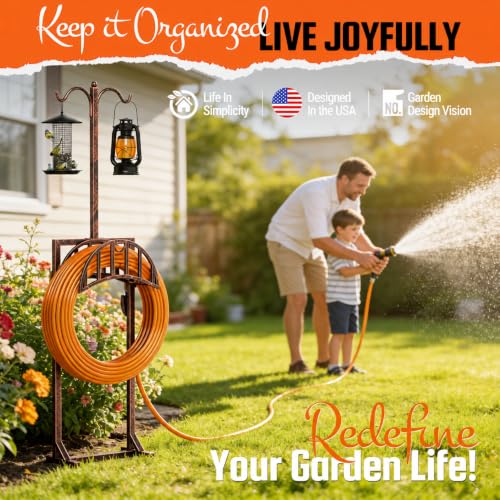 YFFSRJDJ Garden Hose Holder, Water Hose Stand for Outside with 4 Stake and 2 Shepherds Hooks, Freestanding Hose Storage Holds 150Ft, Heavy-Duty Metal Hose Hanger Rack for Yard(Antique Bronze) by YFFSRJDJ - Used condition - Image 6