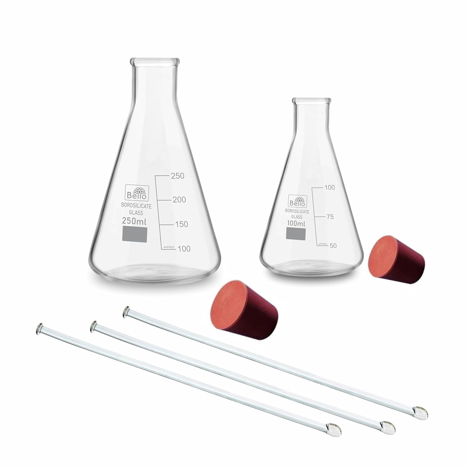 Bello Borosilicate 3.3 Glass Conical Flask 100ml, 250ml & Stirring Rod 200mmX6mm 3pcs With Rubber Cork For School College Chemistry Lab Laboratory Etc.-image-29
