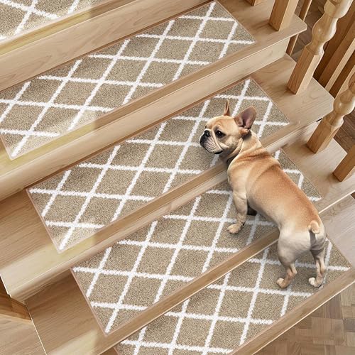 Non-Slip Stair Treads for Wooden Steps Indoor, 15 Pack 9" X 28" Edging Stair Carpet Mat with TPE Backing, 0.4" Thick Stair Runners for Kids Elders & Pets, 100% Polyester Stair Rugs, Beige&Wh