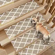 Non-Slip Stair Treads for Wooden Steps Indoor, 4 Pack 9" X 28" Edging Stair Carpet Mat with TPE Backing, 0.4" Thick Stair Runners for Kids Elders & Pets, 100% Polyester Stair Rugs, Beige&White