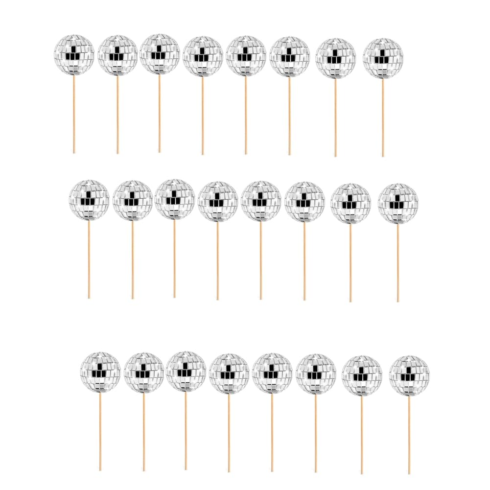 Idhadkc Silver 24 Pcs Disco Ball Cupcake Toppers Disco Ball Cupcake Picks Reflective Mirror Ball Cake Toppers Disco Decorations Easy Install