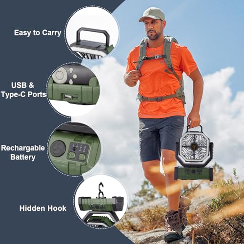 Rechargeable Operated Camping Battery Powered Fan with Hook&Bright LED Light,Remote Control Timer Auto Oscillation Cordless Outdoor Fan for Power Outage,Picnic,Barbecue,Fishing,Travel,Jobsite,Home