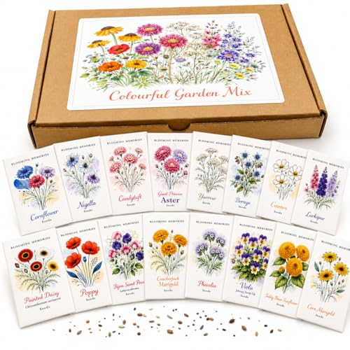 Flower Seeds Gift Set | 16 Individual Flower Seed Packets | Cornflower Poppy Cosmos Sunflower |Growing Instructions on Every Packet | Gardening Gift Women & Men | Blooming Memories