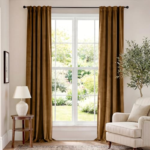 Image of Extra Long Golden Brown Velvet Curtains 42x108 Inch 2 Panels | Soft Velvet, For Tall Windows & High Ceilings, Light Shifting Texture, Elegant Luxury Drape, Rich, Rod Pocket