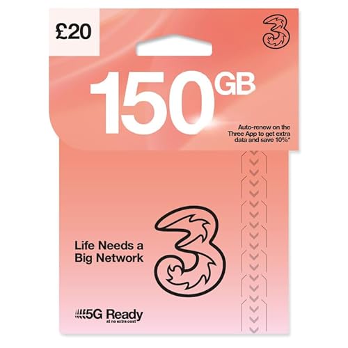 THREE 4G/5G SIM Card UK & ROAM FREE in over 70 destinations - PREPAID PAYG £20 Bundle - 150GB + (50GB FREE DATA) Unltd Texts & Mins - ROAMING ALLOWANCE 18GB