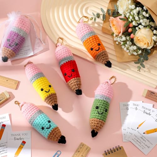 Image of Poen 12 Sets Employee Appreciation Gifts Crochet Knitted Pencils Thank You Greeting Card Set 6 Colors Pencil Sign with Drawstring Organza Bags for Coworker Office End of Year Teacher Gifts Option