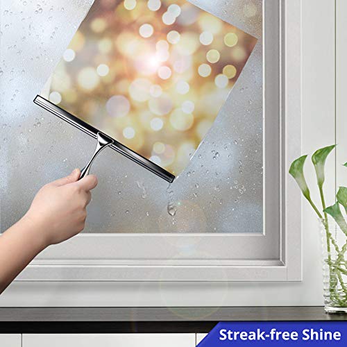 Image of HOME SO Shower Squeegee for Glass Doors - Stainless Steel Squeegee with Adhesive Hooks - Window, Floor & Car Squeegee, Multi-Purpose Bathroom, Mirror & Tile Cleaner - Bathroom Essentials - Chrome 12 inch