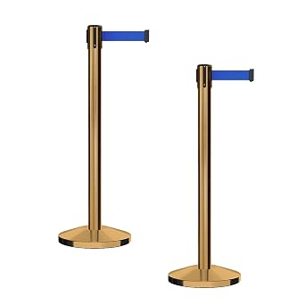 CCW Series RBB-100 - Set of 2 Stanchion Retractable Belt Barriers 11 Foot Belt, Blue Belt with Satin Brass Post