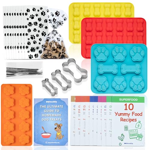 BoneItUp Dog Treat Making Kit – All-in-One DIY Cookie Set with Reusable 4 Silicone Dog Treat Molds, 3 Cutters, 10 Recipes & Gift Bags – Make Healthy Homemade Treats for Dogs