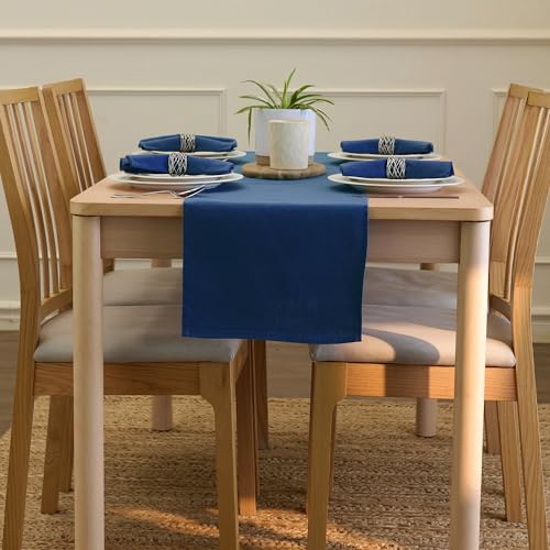Image of Encasa XO Table Runner for 8 Seater | Cotton Canvas Fabric | Size 13x91 in | Cobalt Solid Color | Machine Washable & Durable
