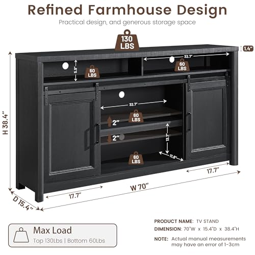 Image of Farmhouse TV Stand for Living Room, Large Black Entertainment Center with Storage, TV Console for Bedroom, TV Stand with Sliding Barn Door Television Stands for 80 Inch TV, 38 Inch Tall Media Cabinet