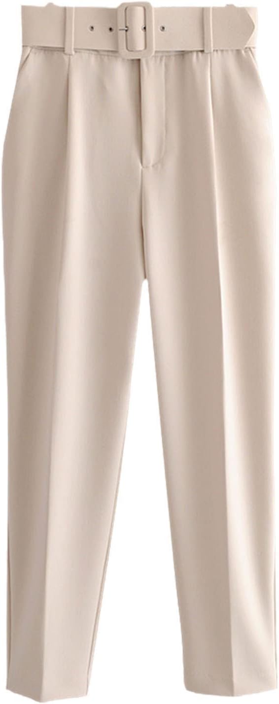 Kelsiop Women's High Waist Belt Pocket Office Cropped Trousers Spring Fashion Harem Pants