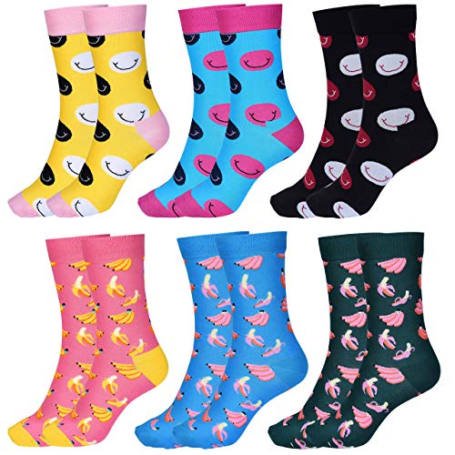 Ayliss Women Christmas Socks Warm Winter Crew Socks Holiday Slipper Socks (One Size Fits All, 6 Pairs(3 Pairs Smile Print+3 Pairs Banana Print))