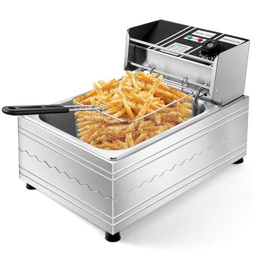 6L Stainless Steel Commercial Deep Fryer - Electric Countertop Fryer with Adjustable Temperature and Basket - Ideal for Home and Restaurant Use, Perfect for Fried Chicken, French Fries, and More, 110V