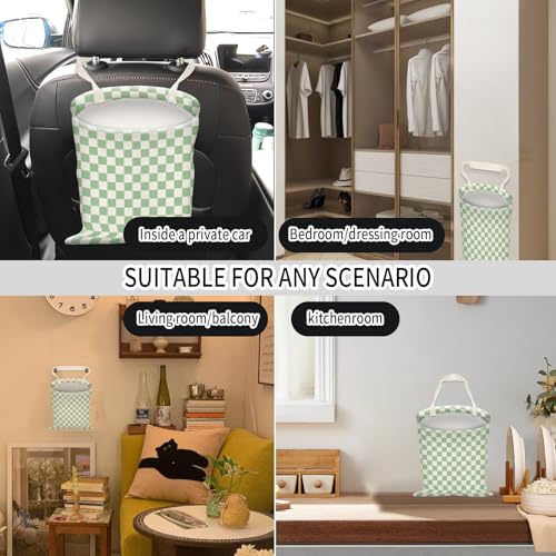 Image of Car Trash Can, Hanging Garbage Bin for Men and Women, Cute Car Organizer and Storage Bag, Canvas Vehicle Trash Can Bag Easy-to-Install Cute Green Checkboard