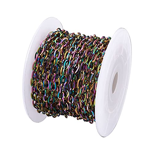 Fashewelry 16.4Ft Rainbow 304 Stainless Steel Cable Chain Unwelded Flat Oval Paperclip Chain 6.5X3.5Mm Cross Long Craft Link Chain For Necklace Bracelet Extender Chain Jewelry Making Supplies #TOP5