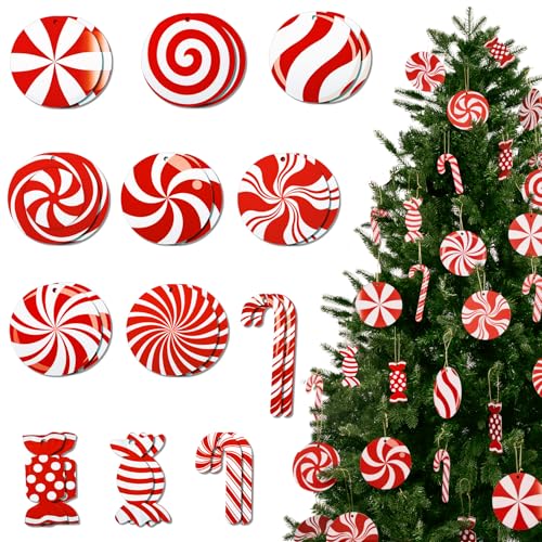 Ouddy Decor 60 Pcs Candy Cane Christmas Tree Ornaments, Red and White Peppermint Lollipop Christmas Decorations Candy Cane Hanging Ornaments for Xmas Tree New Year Party Supplies Holiday Home Decor