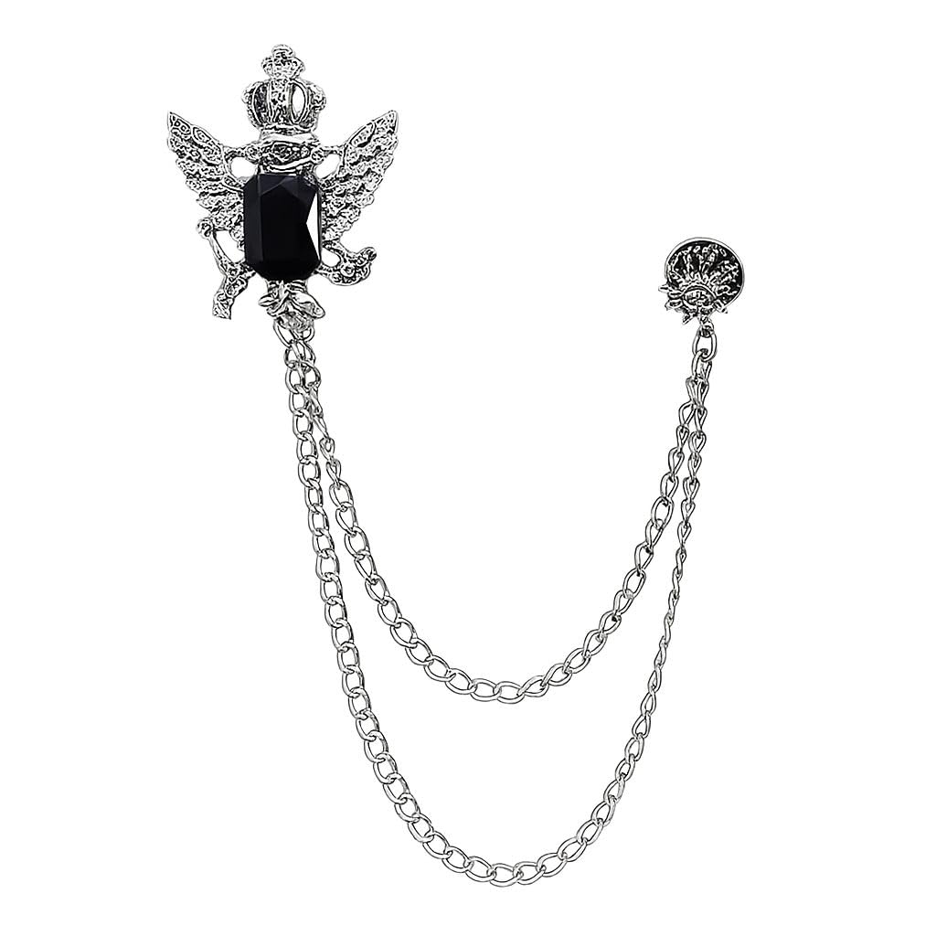 Luxury Crown Style Brooch for Men's & Women Suit Shirt Stud Brooch Lapel Pin Brooch Pin Chain Tassel Brooch Pin with Crystal Chain(Silver Crown Eagle Black Gemstone)