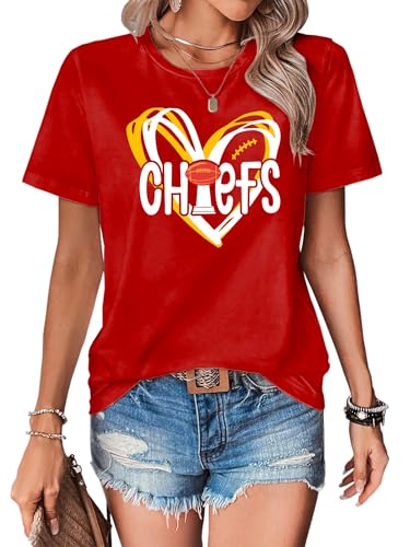 Football T-Shirt Women Game Day Shirts Football Team Fans Pullover Shirt Heart Graphic Short Sleeve Tops