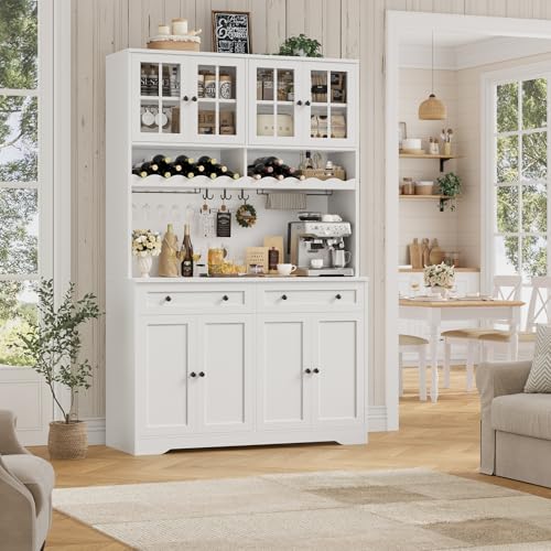 Image of HOSTACK 75.4 inch Tall Kitchen Pantry Cabinet with Charging Station, Modern White Kitchen Hutch with Microwave Stand and Wine Racks, Large Food Pantry Storage Cabinet with Glass Doors and Drawers, White