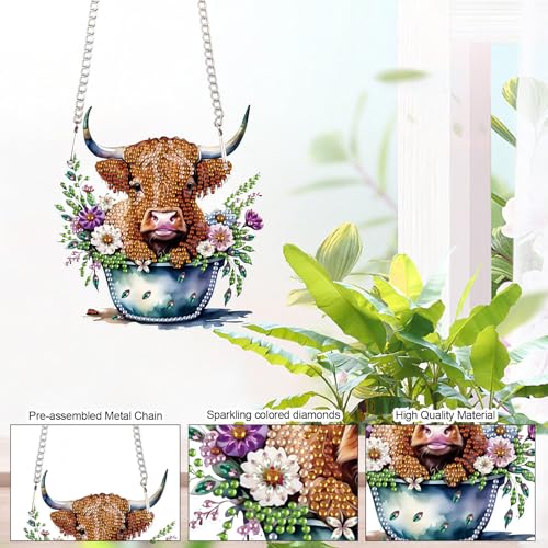 Image of AiYuanzsh Highland Calf Diamond Art Hanging Pendant Kit, DIY Acrylic Diamond Painting Ornament with 5D Special Shaped Crystal Rhinestones, Decorative Wall or Garden Craft Gift for Adults