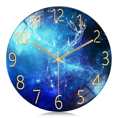Lafocuse 30cm Orologio da Parete Vetro Renna Design Creativo, Silenzioso Moderno Blu Orologio da Muro senza Ticchettio per Soggiorno Cucina Camera da Letto