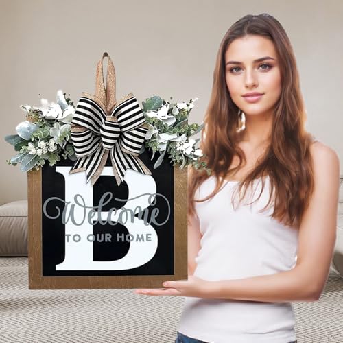 Ultra Large 14 Last Name All Year Round Front Door Wreath with 26 Initial Letter Welcome Sign All Seasons Eucalyptus Garland and Bow Wreaths for Front Door Porch Farmhouse Decoration B