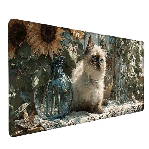 Tapis de souris XXL cadeau femme motif chat et fleurs pour bureau