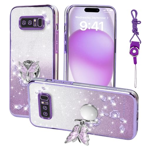 RTYQXK for Samsung Galaxy Note 8 Phone Case,for Samsung Note 8 Mobile Phone Case for Women and Girl, Glitter Butterfly Floral TPU Protective Cover with Kickstand+Strap for Galaxy Note 8 (Purple)