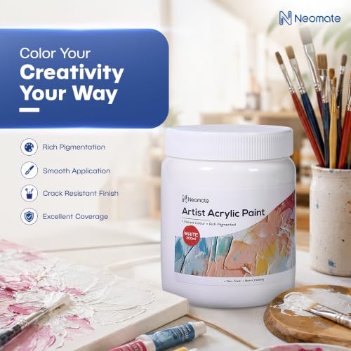 Image of Neomate Acrylic Colour White 300ml | Art & Craft, DIY, Rich Pigment, Non-Craking Paint for Canvas, Wood, Leather, Earthenware, Metal | Ideal for school projects, Hobbyists, Artists