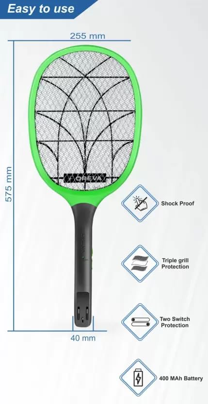 Image of Oreva ORMR-047 Electric Insect Killer Indoor (Bat)| 3200V DC High Voltage, 400mAh Battery Capacity, Removable Battery | Rechargeable Racket |LED Indicator |ABS Body & Metal Gill (Pack of 1)