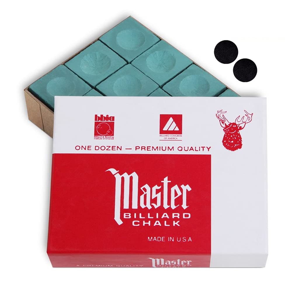 Master Billiard Pool Cue Chalk Premium Quality - 1 Dozen - Made in The USA + 2 pcs of Quality Billiard Pool Table Spots (Spruce)